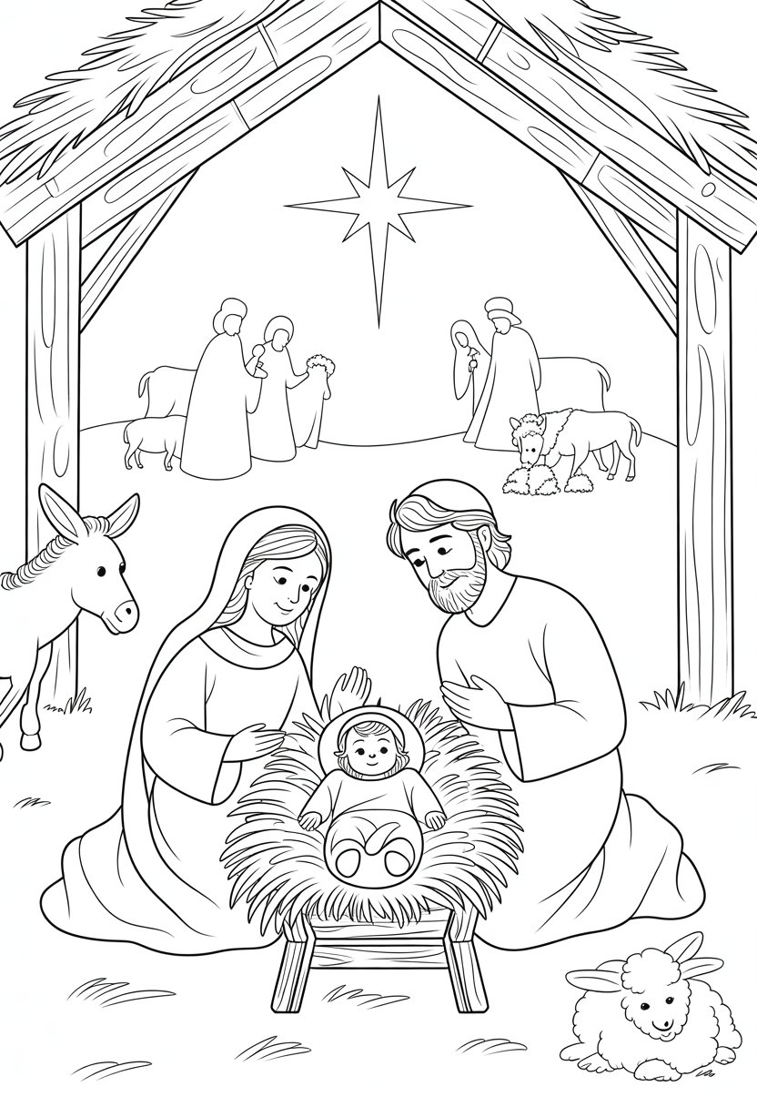 Christian Coloring Pages for Kids: 20 Inspirational Designs to Inspire Faith 37 A nativity scene showing Mary and Joseph kneeling beside baby Jesus in a manger, with animals nearby and a bright star above the stable.